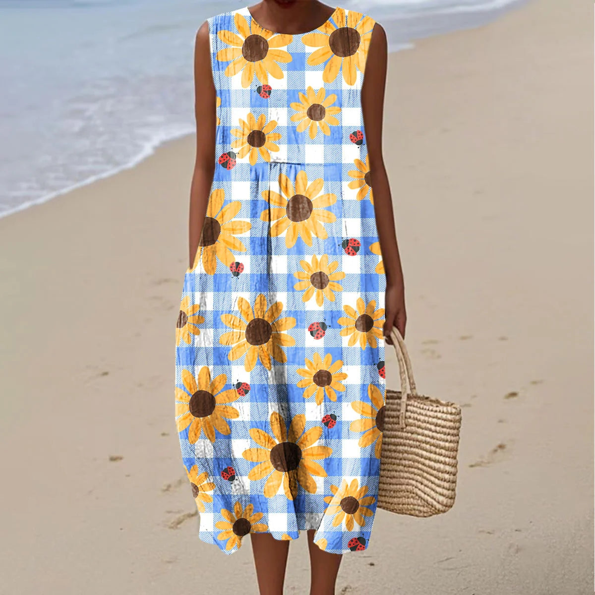 Women's Vintage Sunflower Art Print Sleeveless Casual Dress artswardrobe