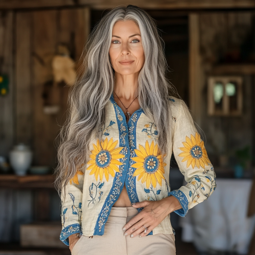 Bohemian Linen Floral Ukraine Sunflower Gradient Art Print Long Sleeve Shirt artswardrobe