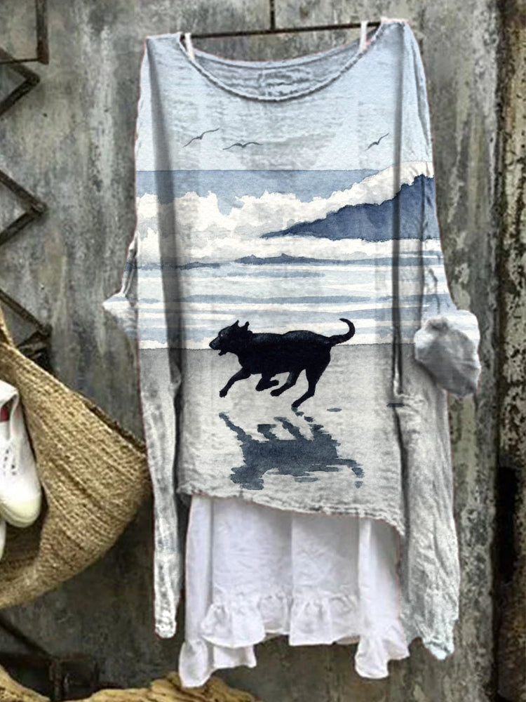 Comstylish Labrador Retriever Ocean Wave Print Linen Blend Casual Shirt