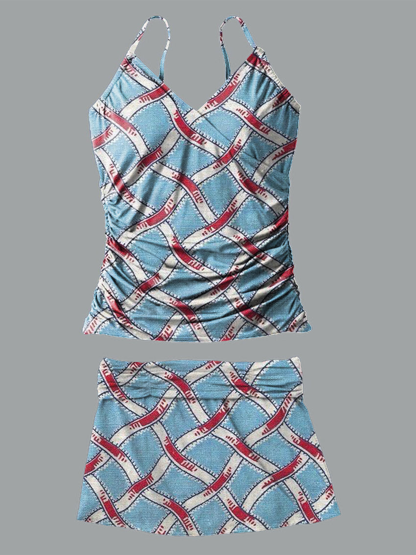 Fishing Net V-Neck Vintage Flowers Print Suspender Skirt Tankini Pantskirt Set Swimsuit