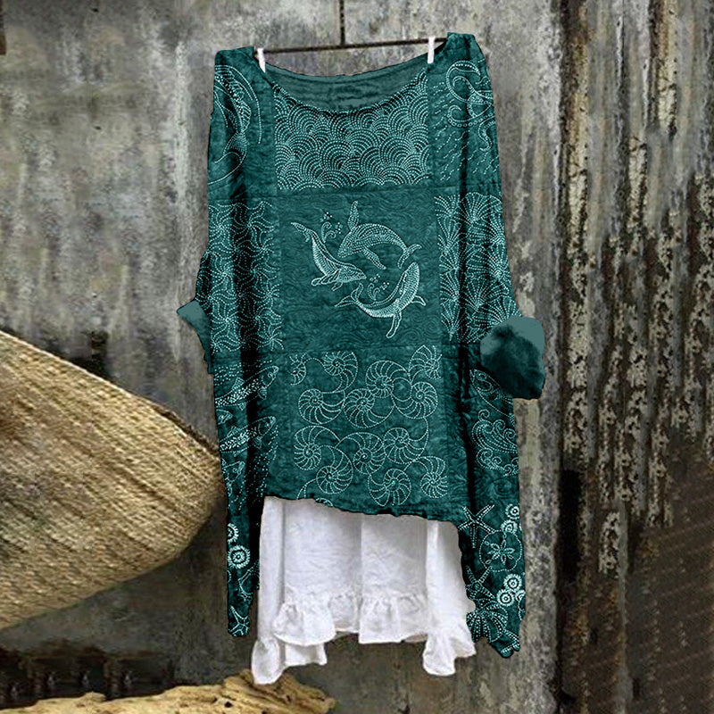 Comstylish Vintage Ocean Sashiko Art Linen Blend Flowy Tunic