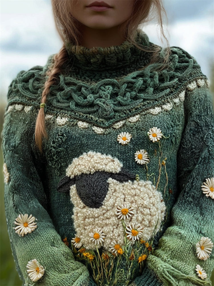 Fuzzy Sheep Daisy Floral Vintage Celtic Gradient Cozy Knit Sweater artswardrobe