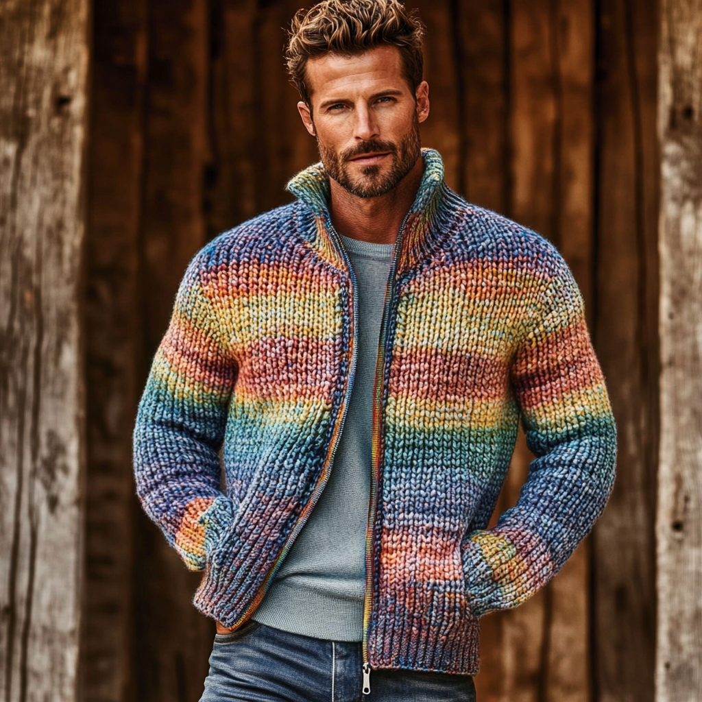 Men's Vintage Gradient Rainbow Knitted Jacquard Zip Cozy Sweater elevenforest