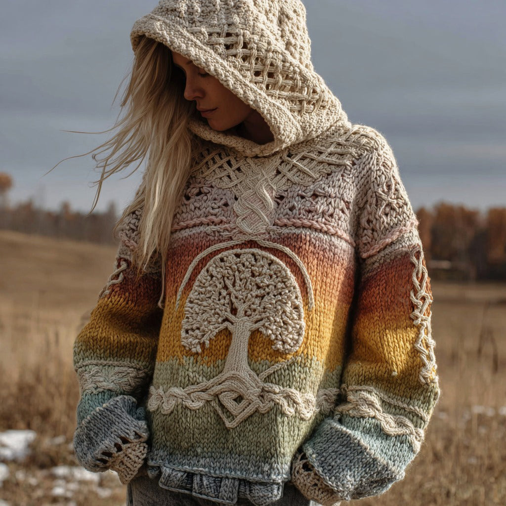 Viking Boho Life Of Tree Jacquard Gradient Art Chunky Knitted Cozy Hooded Sweater artswardrobe