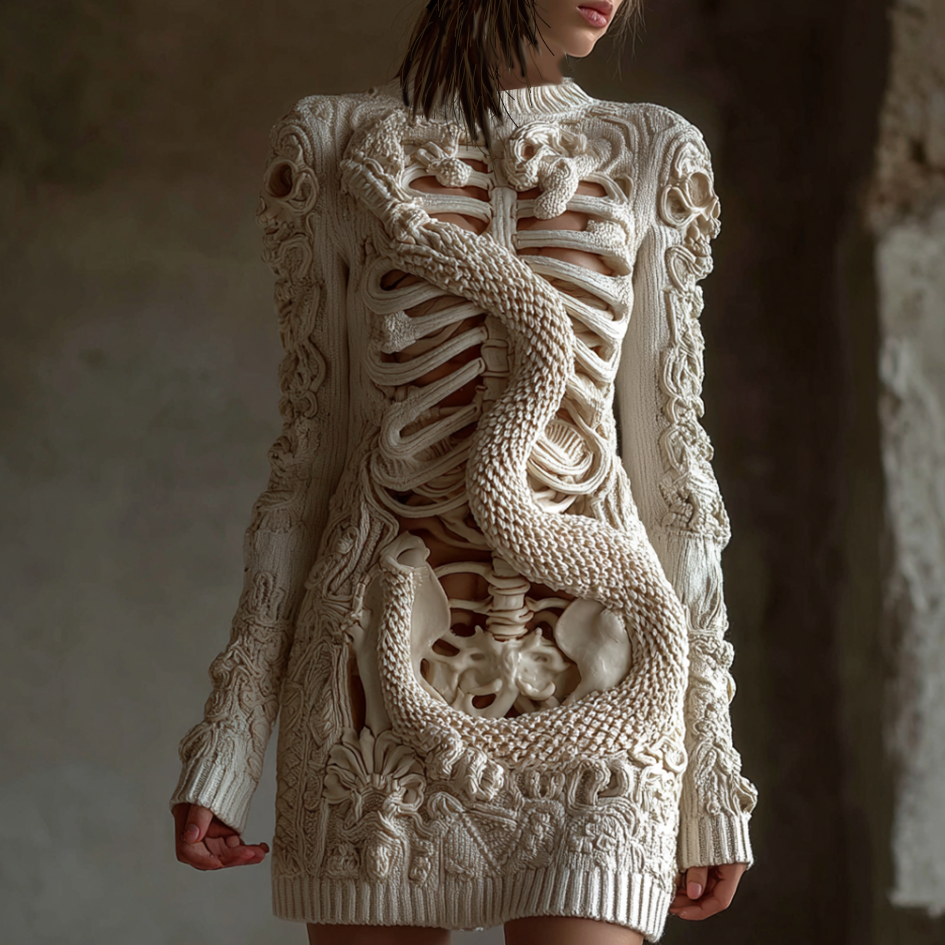 Halloween Female Snake Wrapping Anatomy Skeleton Design Knit Sweater Dress artswardrobe