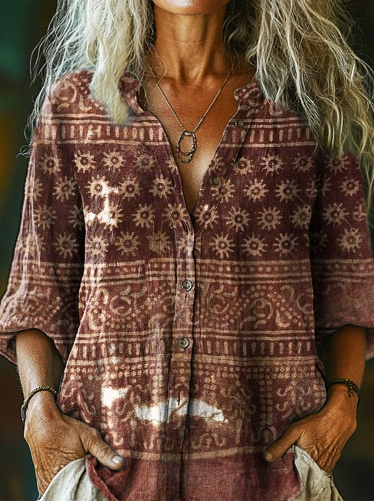 Women's Vintage Ethnic Floral Collage Art Print Casual Cotton Linen Sh