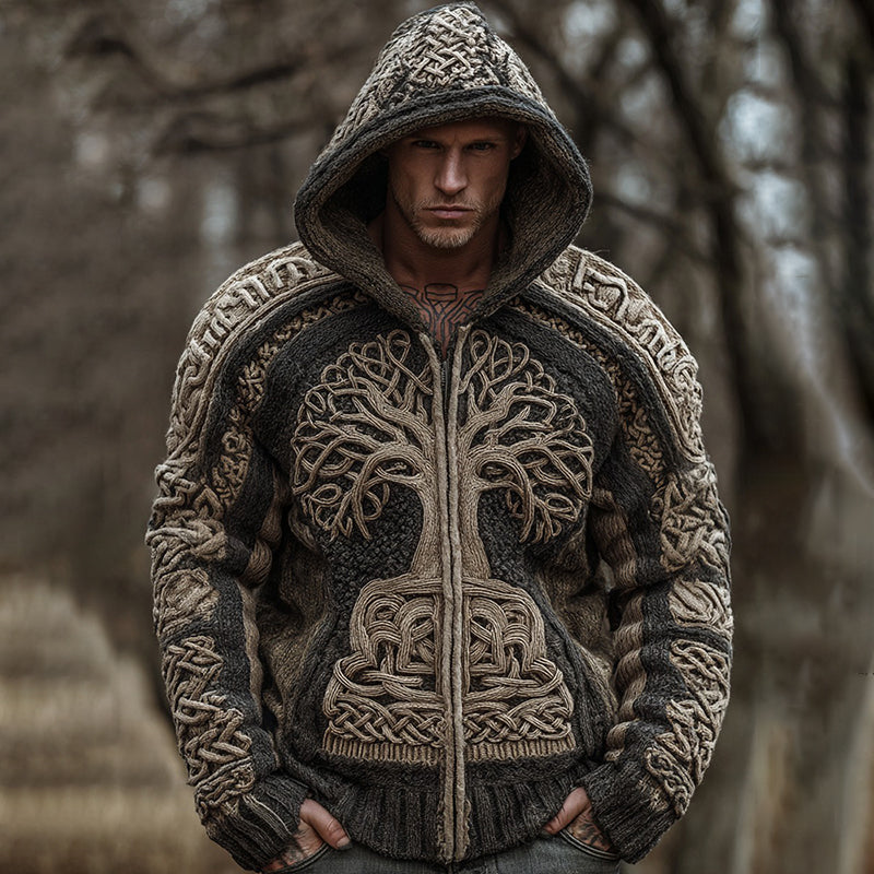 Men's Viking Tree Of Life Celtic Art Knit Hooded Zip-up Sweater artswardrobe
