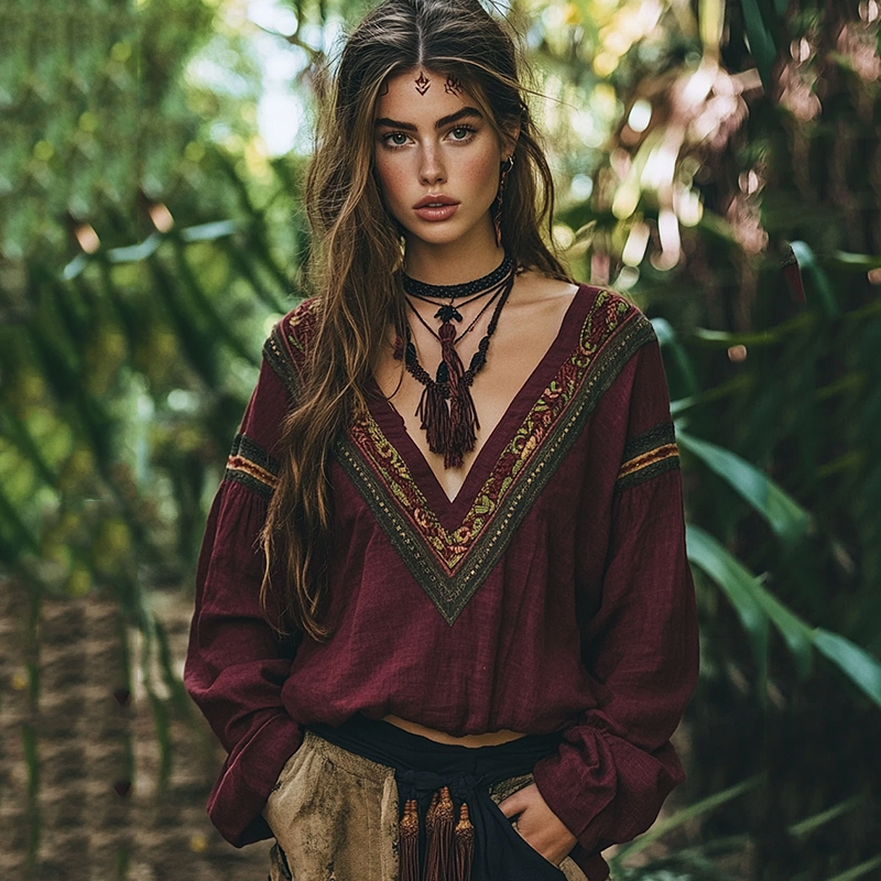 Retro Tribal Embroidery Print Cotton Linen Blend Loose Blouse artswardrobe