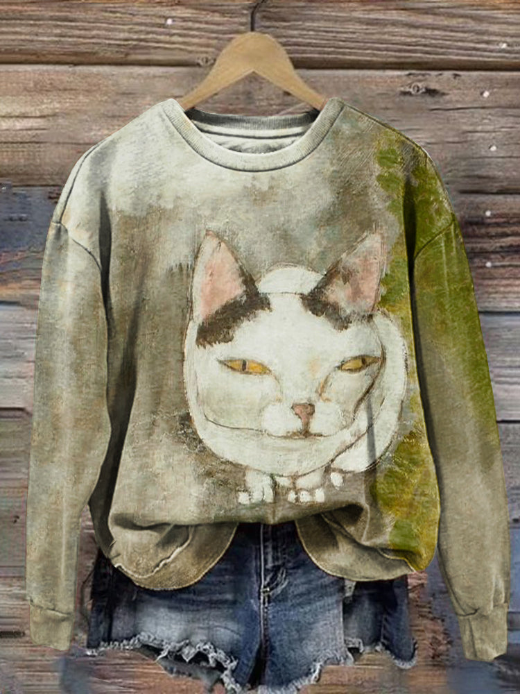 Women's Japanese Art Cat Print Vintage Sweatshirt elevenforest