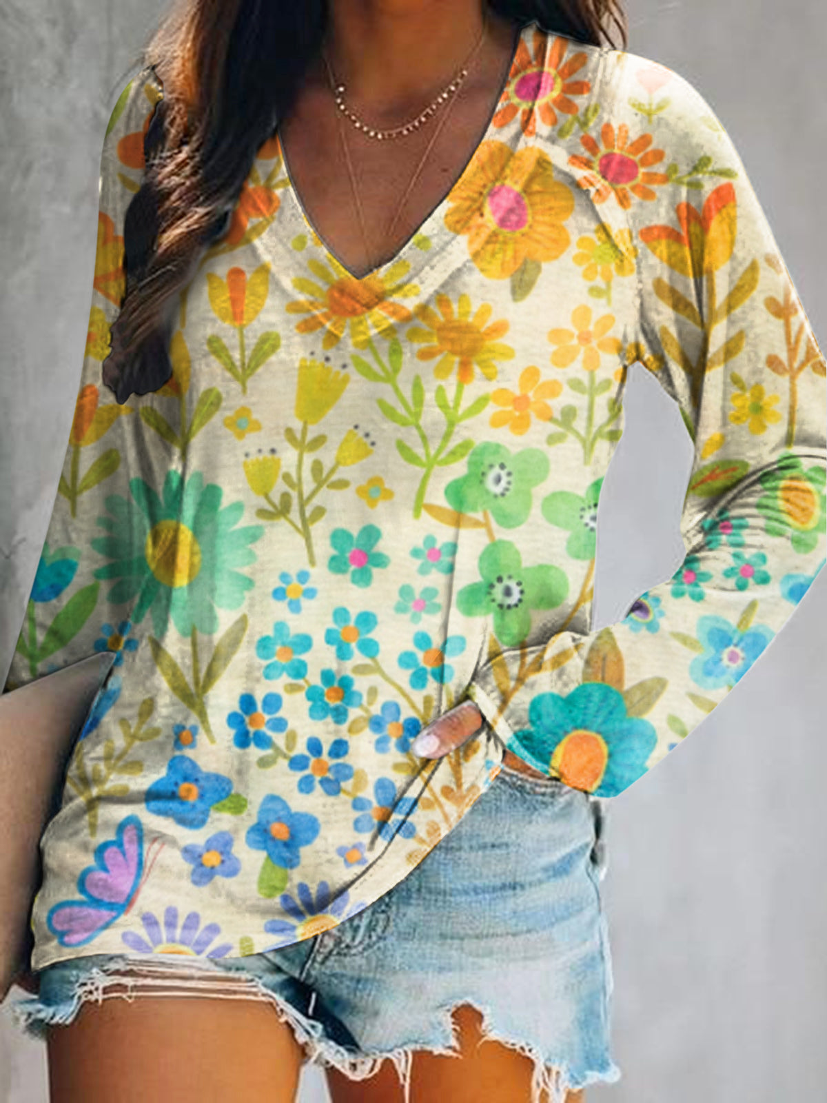 Women's Casual Floral Art Print V Neck Long Sleeve Tops
