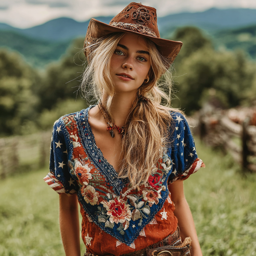 Women's Retro American Western Country Style Floral Embroidered Linen Blend V-neck T-shirt artswardrobe