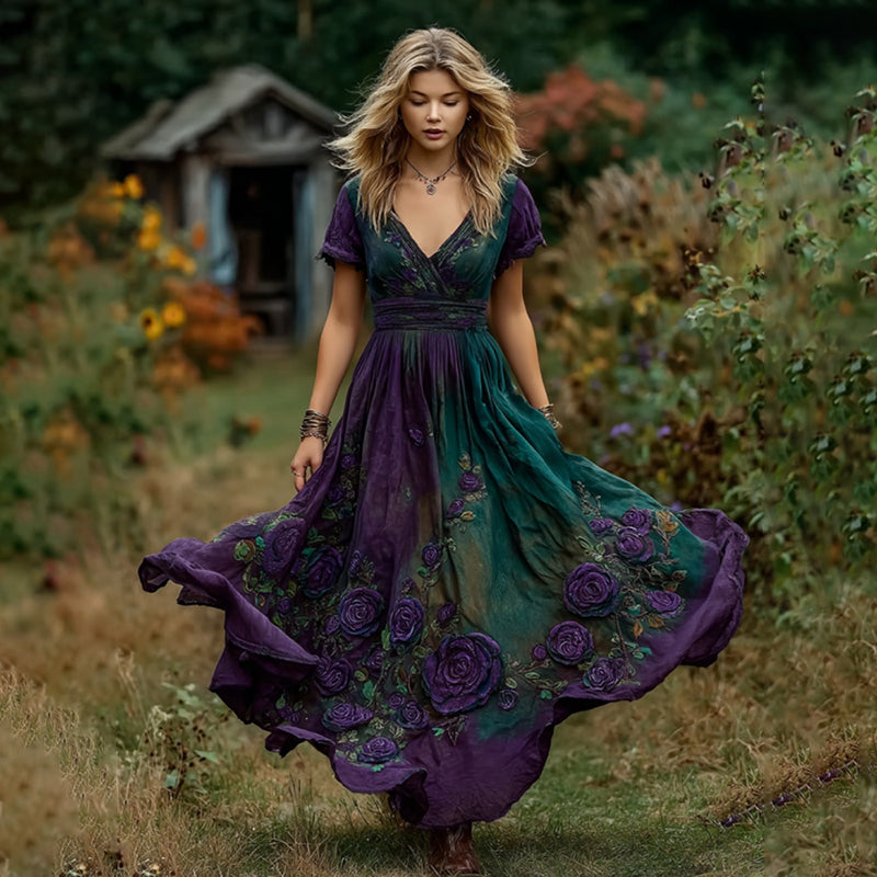 Women's Boho Purple Rose Embroidered Short Sleeve Maxi Dress artswardrobe