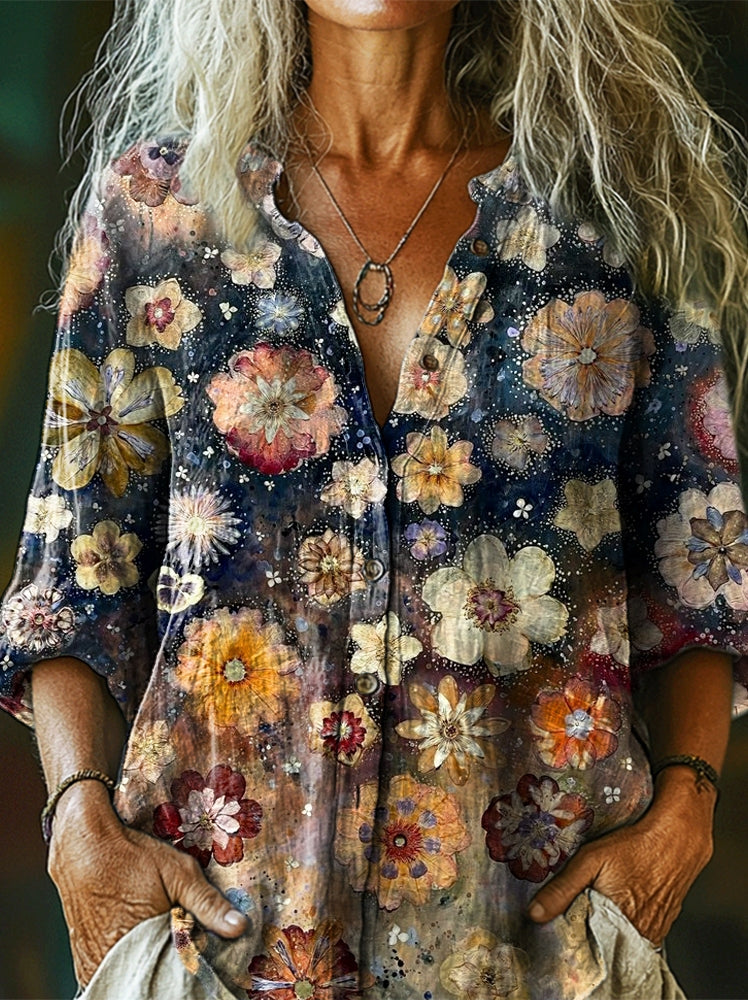 Women's Vintage Ethnic Floral Art Print Casual Cotton Shirt