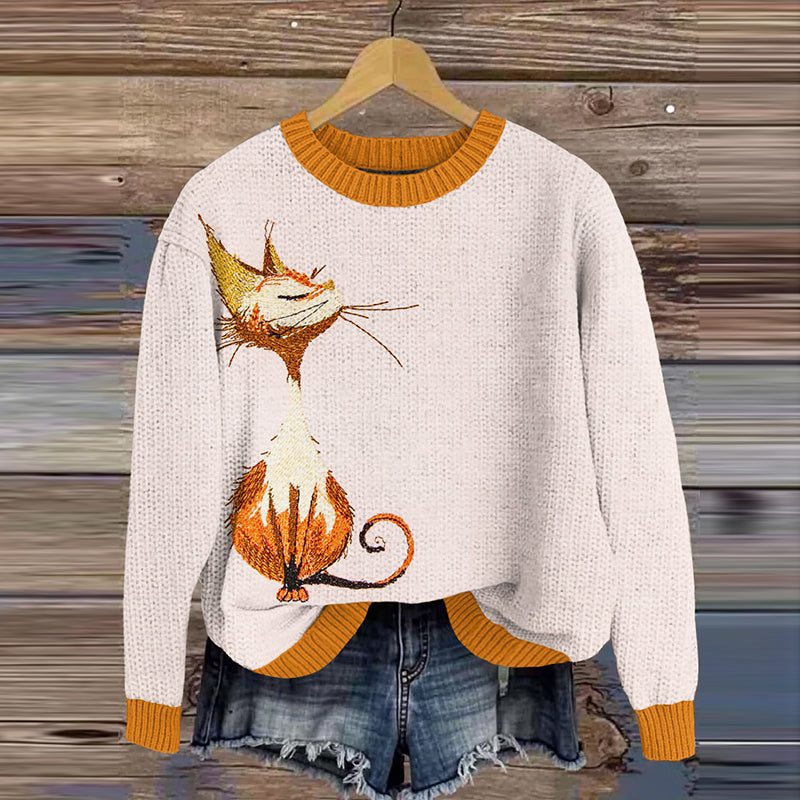 Cute Cat Embroidered Knitted Sweater elevenforest
