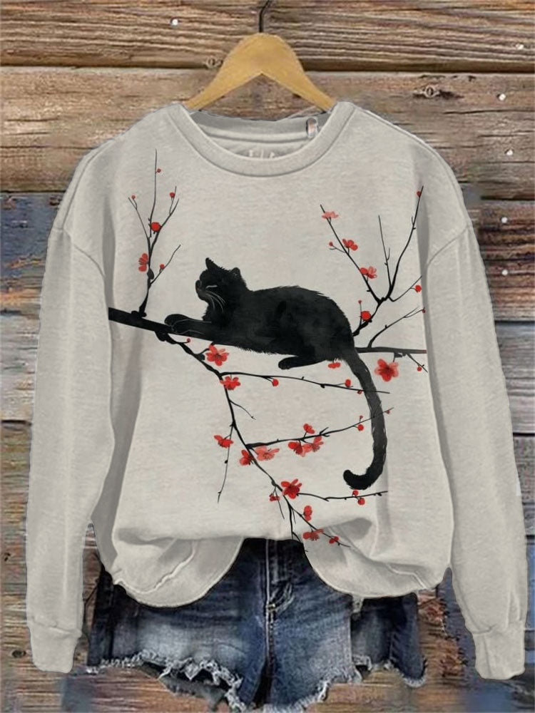 Women's Casual Japanese Art Black Cat Print Sweatshirt elevenforest