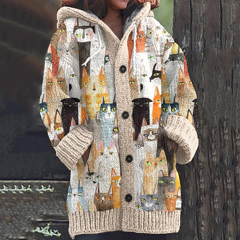 Colorful Cat Pattern Cozy Hooded Knit Sweater elevenforest