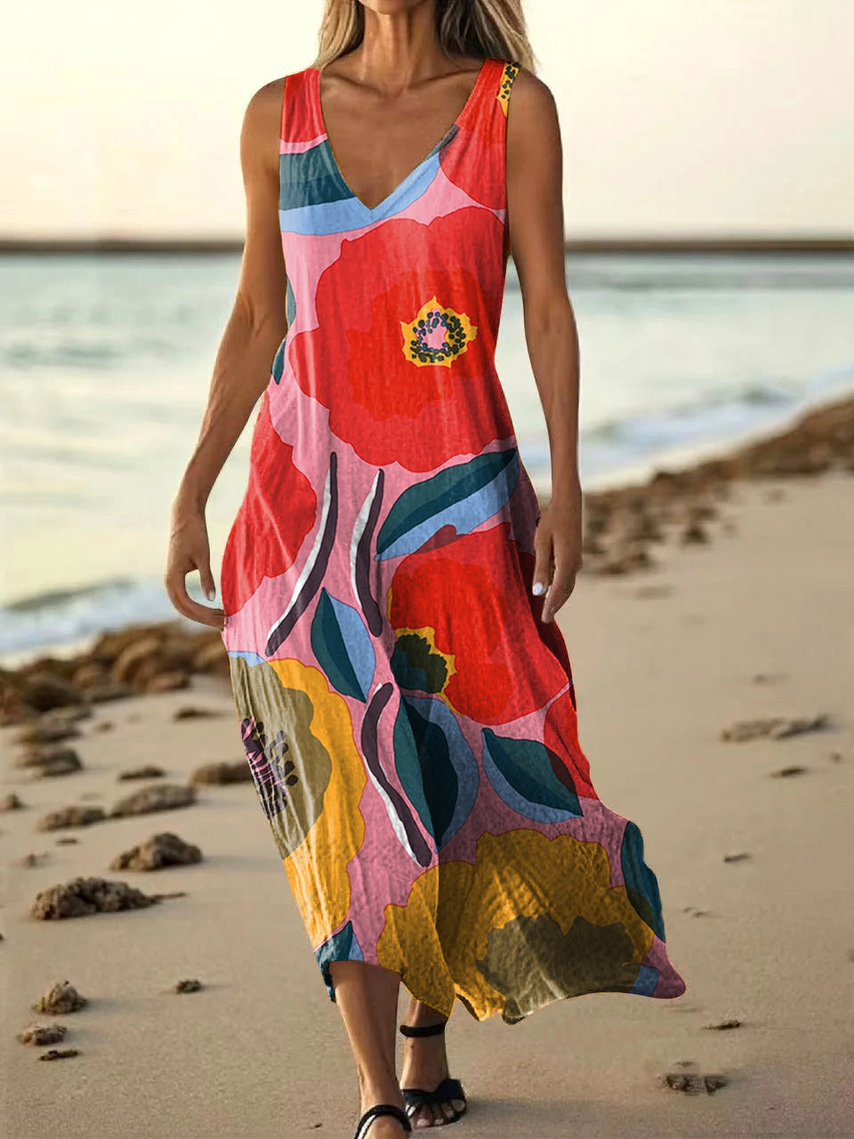 Women's Floral Art Print Pocket Cotton Dresses