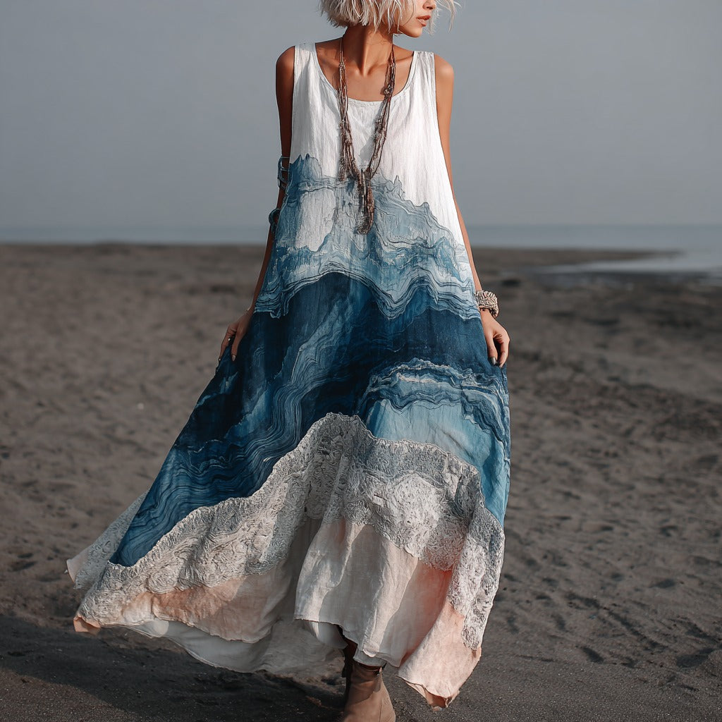 Vintage Marble Texture Collection Retro Bohemia Gradient Gilded Pattern Linen Maxi Dress artswardrobe