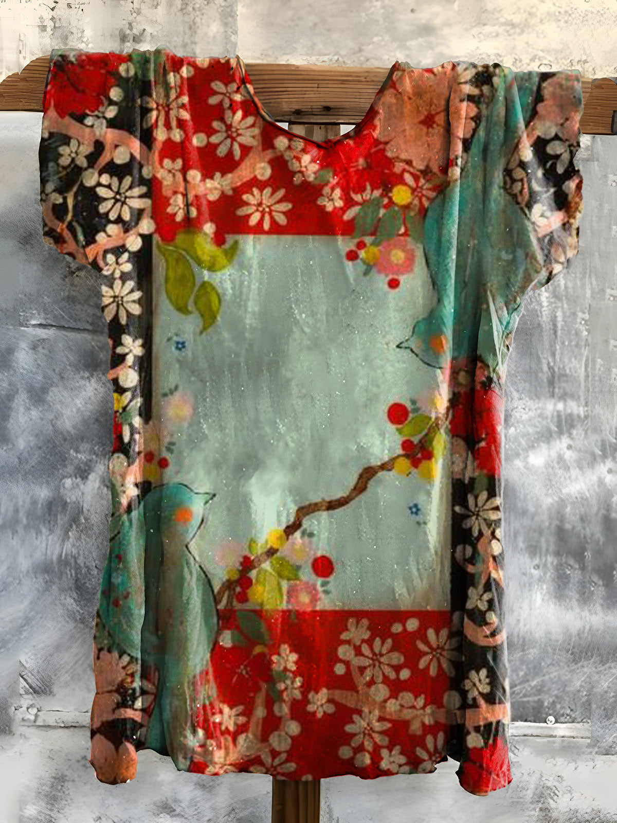 Floral and Bird Art Print Cotton Crew Neck T-shirt