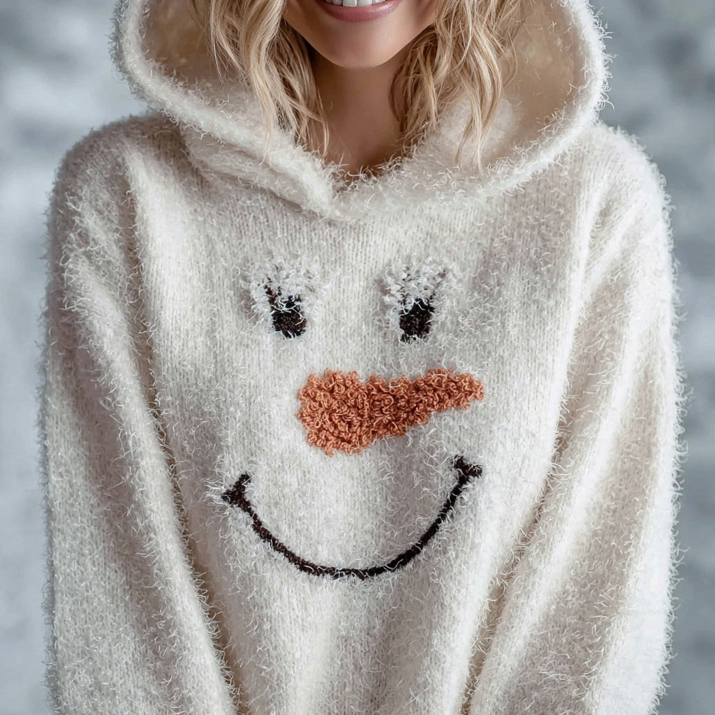 Cute Fuzzy Snowman Face Embroidered Cozy Hooded Sweater artswardrobe