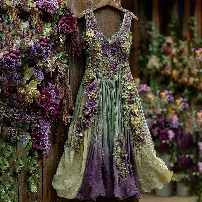 Classy Gradient Purple Lavender And Floral Embroidered Linen Tank Short Dress artswardrobe