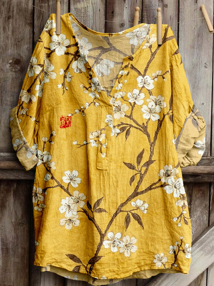 Comstylish Vintage Cherry Blossom Linen Blend Cozy Tunic