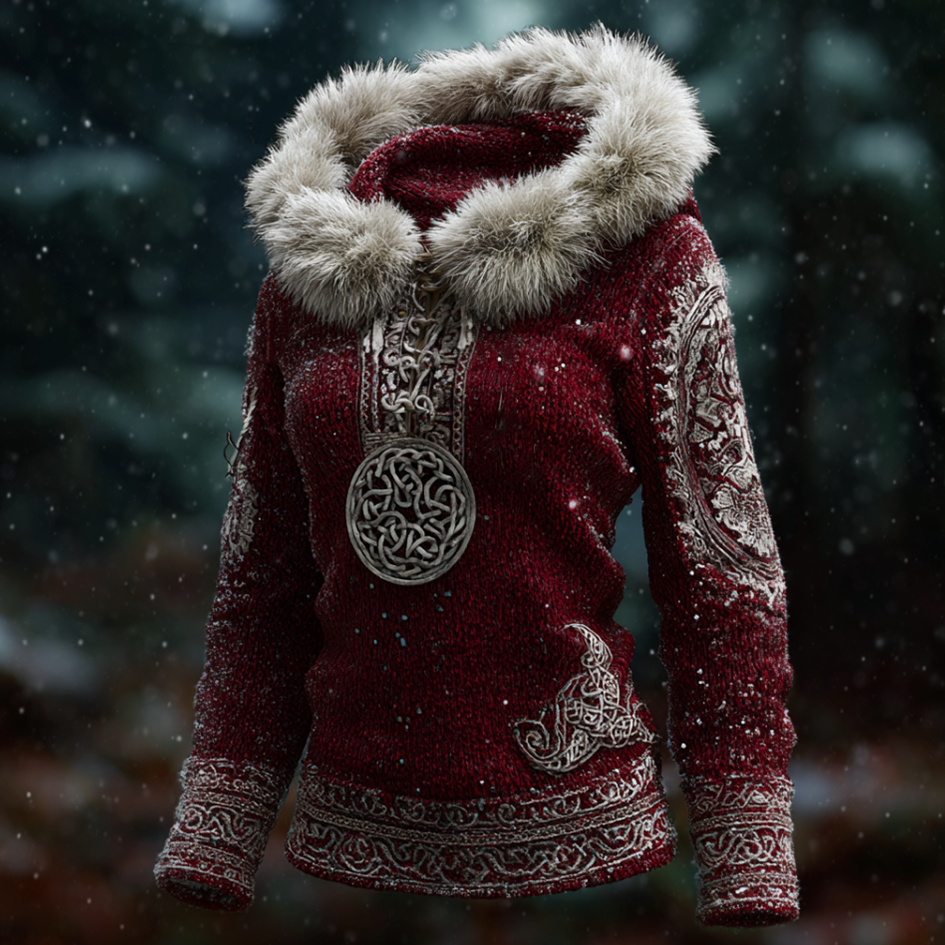 Women's Vintage Viking Celtic Style Hooded Knitted Sweater