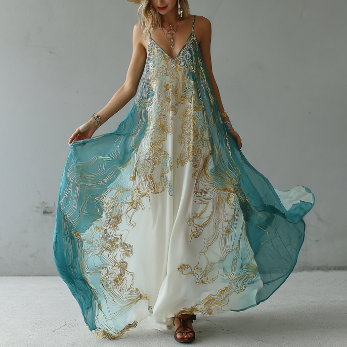 Vintage Marble Texture Collection Retro Bohemia Women Style Gradient Gilded Pattern Linen Suspender Long Dress artswardrobe