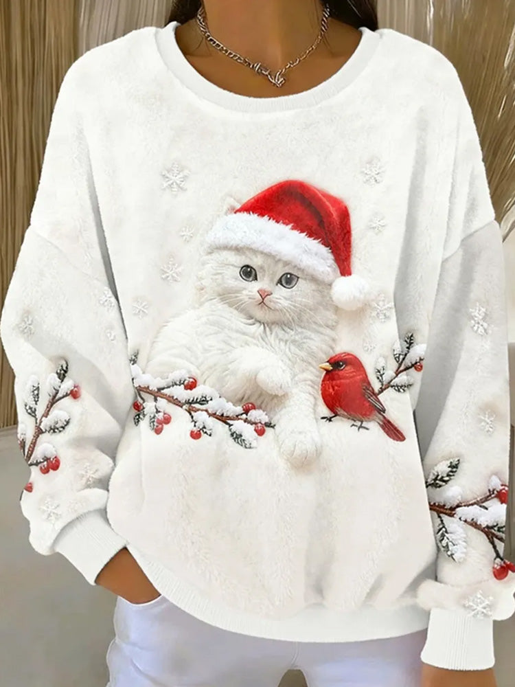 Comstylish Women's Cute Christmas Cat Art Print Casual Flannel Hoodie