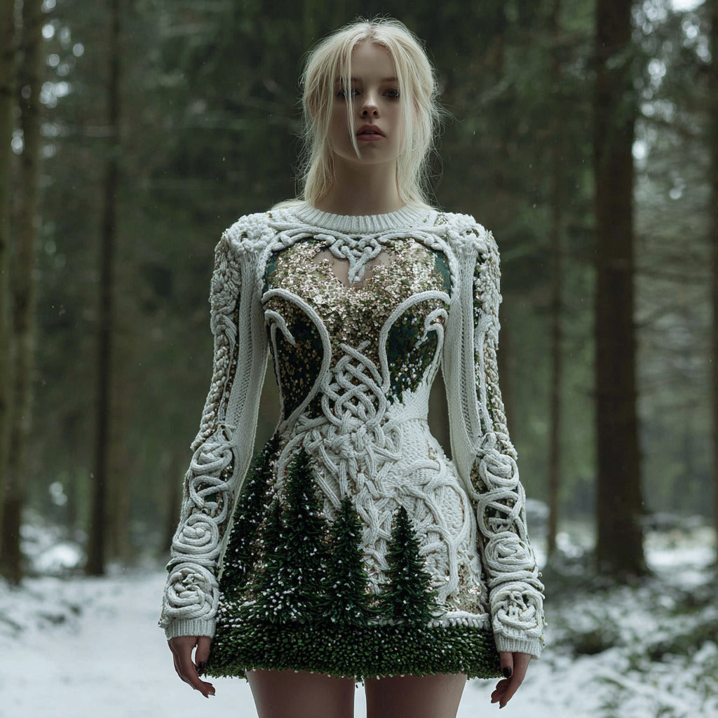 Women's Christmas Tree Forest Celtic Knot Sequins Knit Mini Sweater Dress artswardrobe