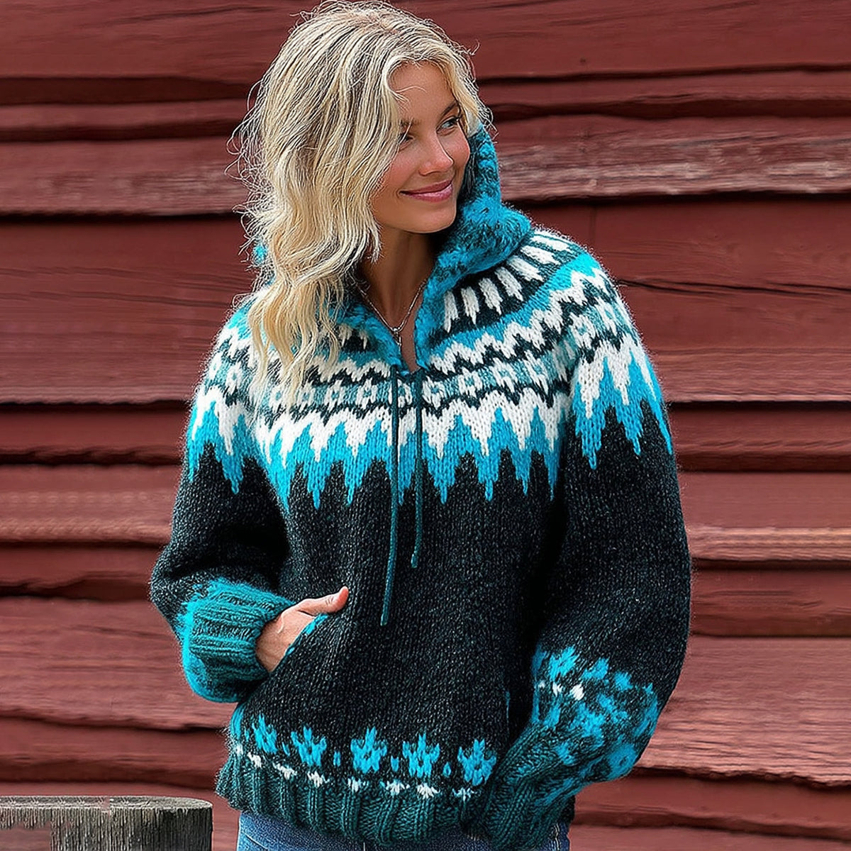 Vintage Fairman Island Geometric Colorblock Pattern Hooded Sweater elevenforest