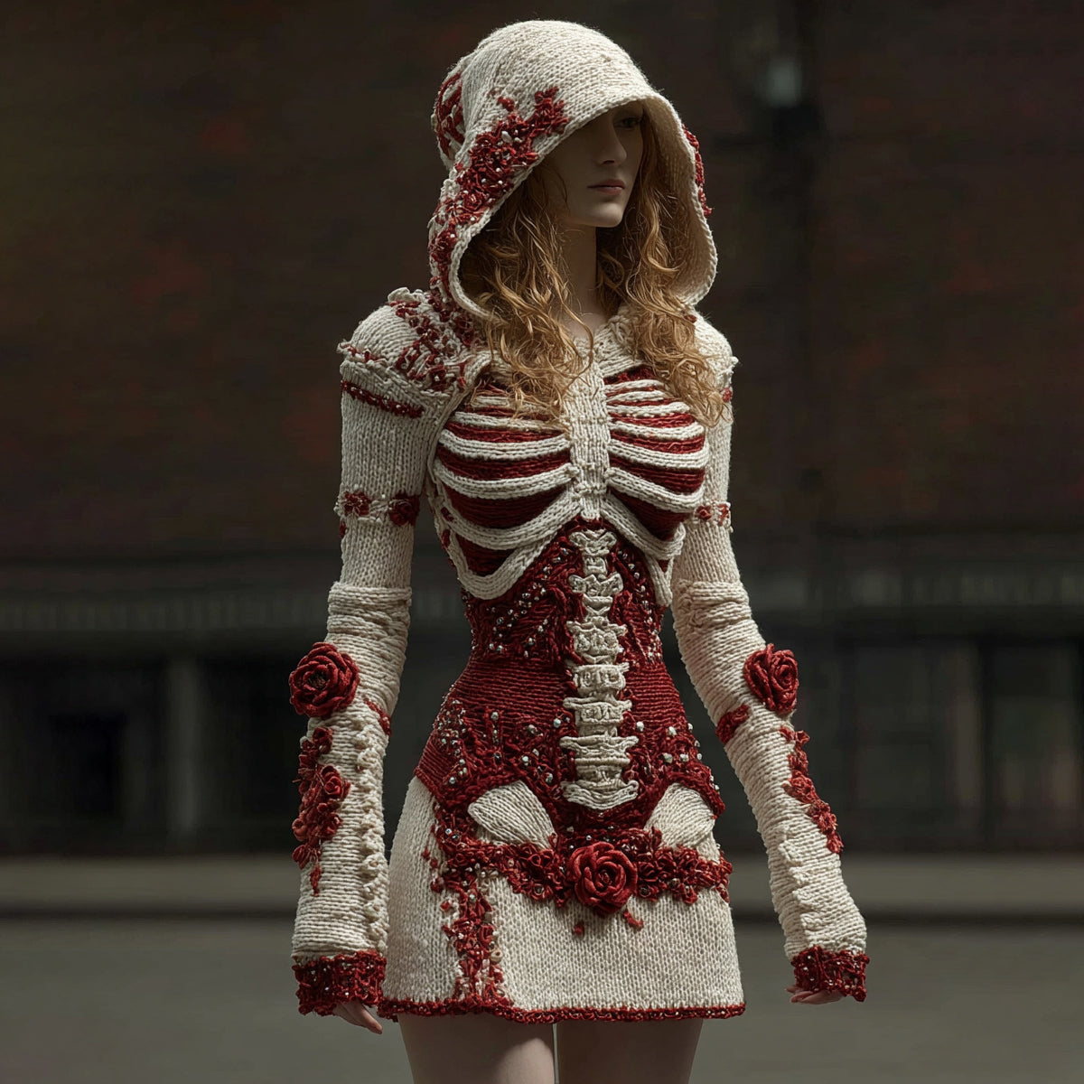Vintage Skeleton Bones With Rose Women's Knit Hooded Sweater Dress artswardrobe