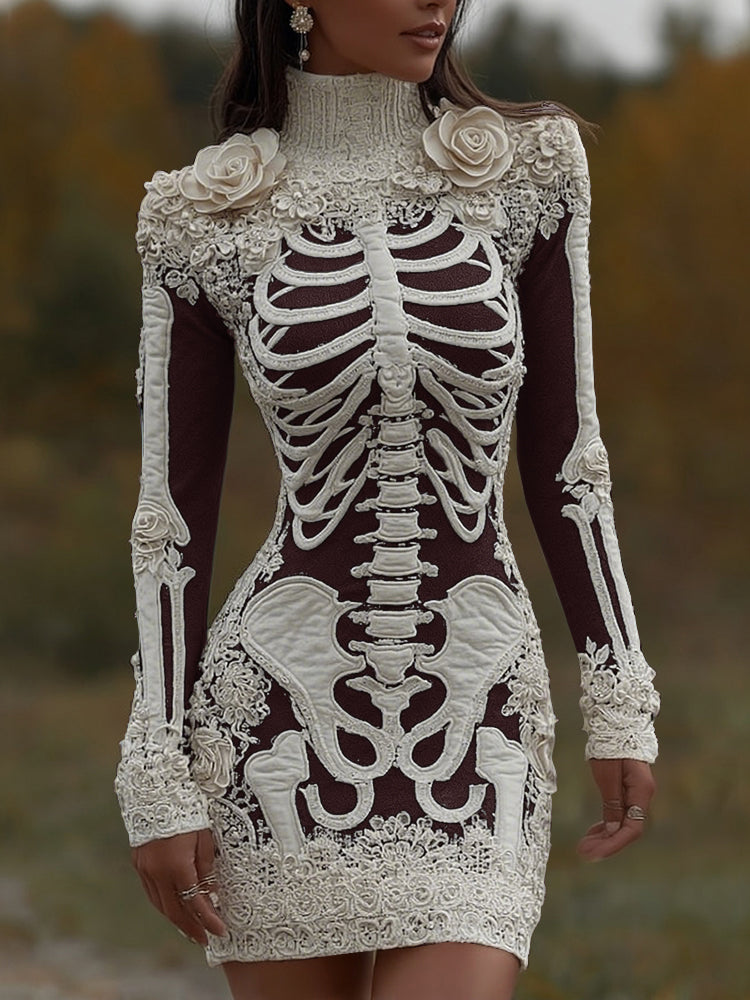 Women's Halloween Skeleton Bones With Rose Art Cozy Knit Turtleneck Mini Sweater Dress artswardrobe