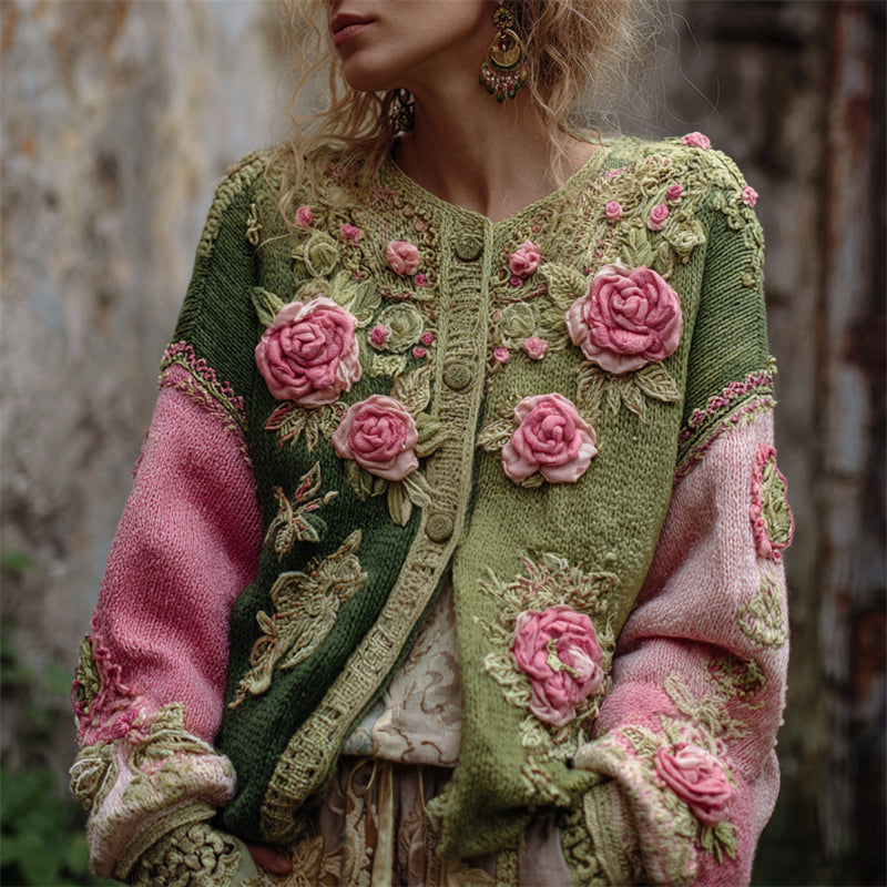 Pink Roses Crochet Embroidered Forest Contrast Patchwork Cozy Cardigan artswardrobe