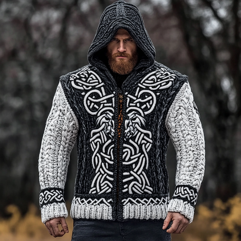 Men's Viking Wolf Style Celtic Thick Zip Hooded Sweater elevenforest