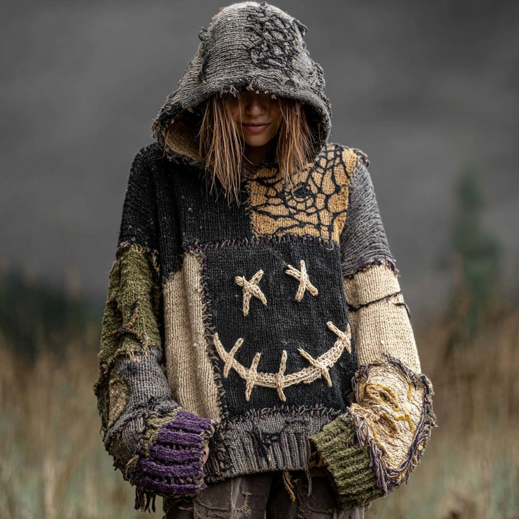 Halloween Spooky Face And Spider Web Patchwork Design Cozy Knit Hooded elevenforest