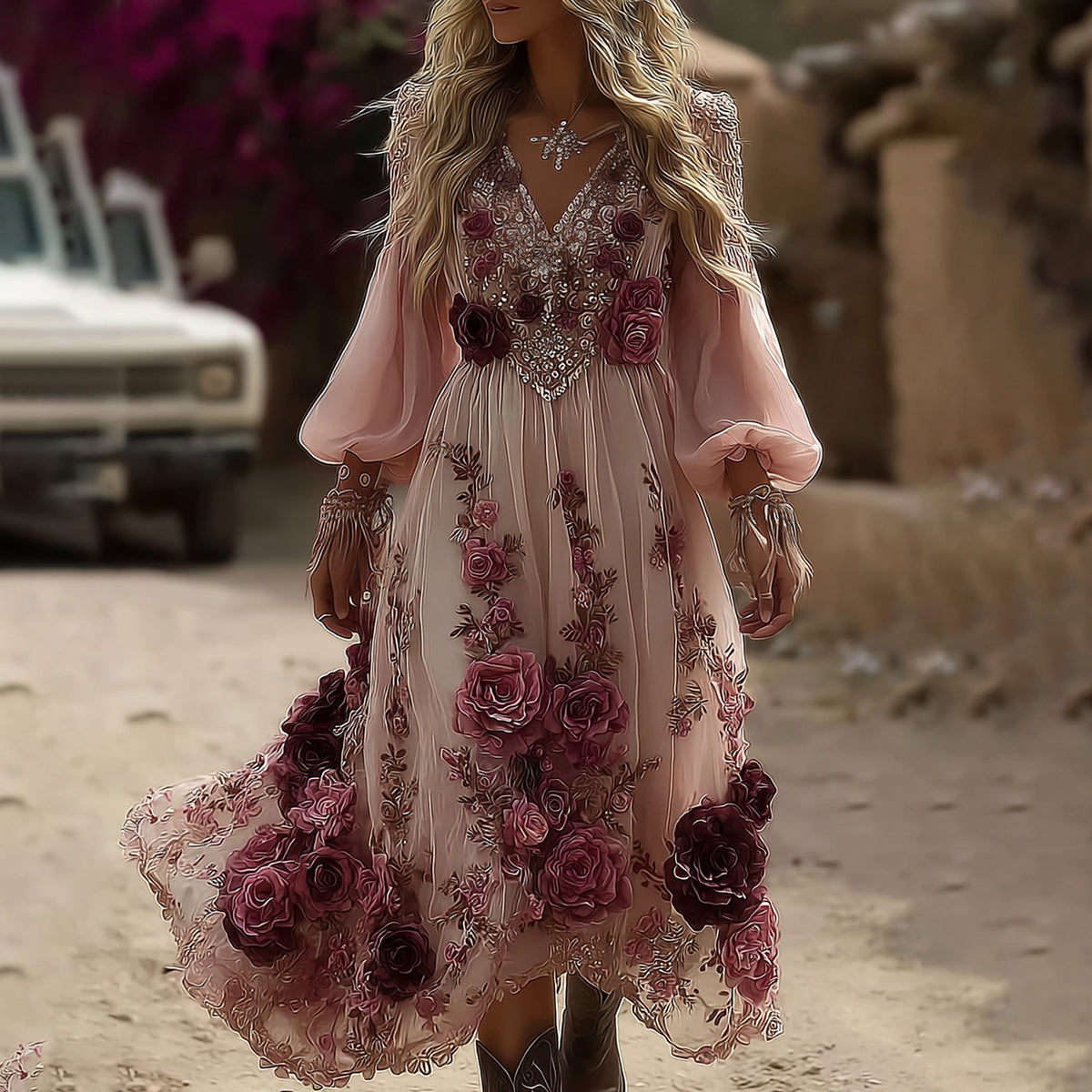 Women's Classic Romantic Pink Rose Embroidery Art Comfy Linen Round Neck Maxi Dress artswardrobe