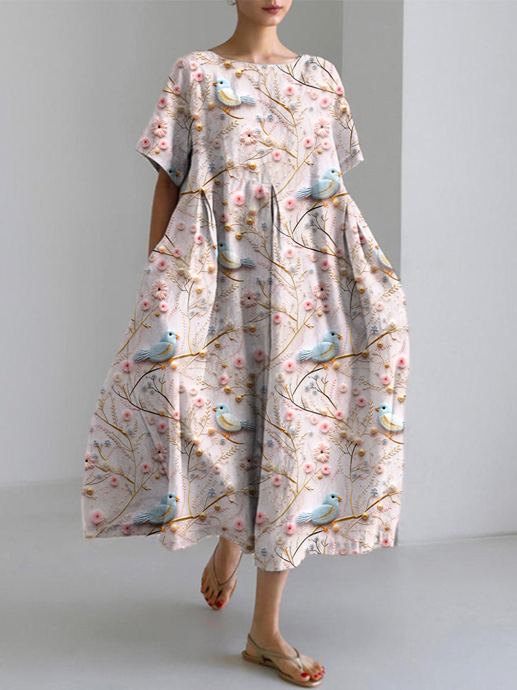 Bird Embroidery Pattern Linen Blend Casual Dress artswardrobe