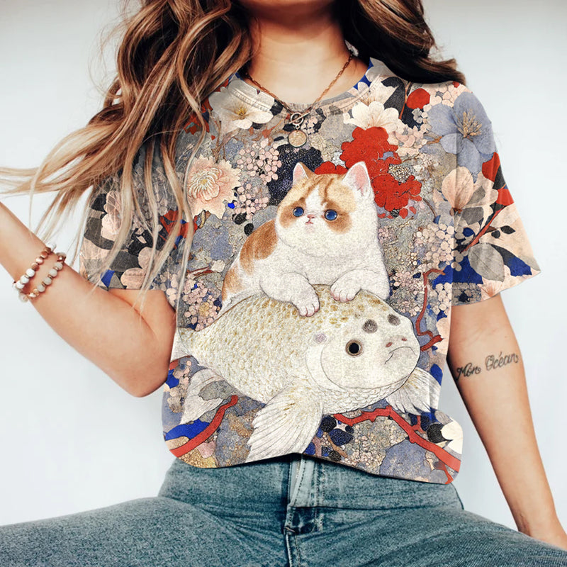 Cat In Kimono Riding A Carp T-shirt elevenforest