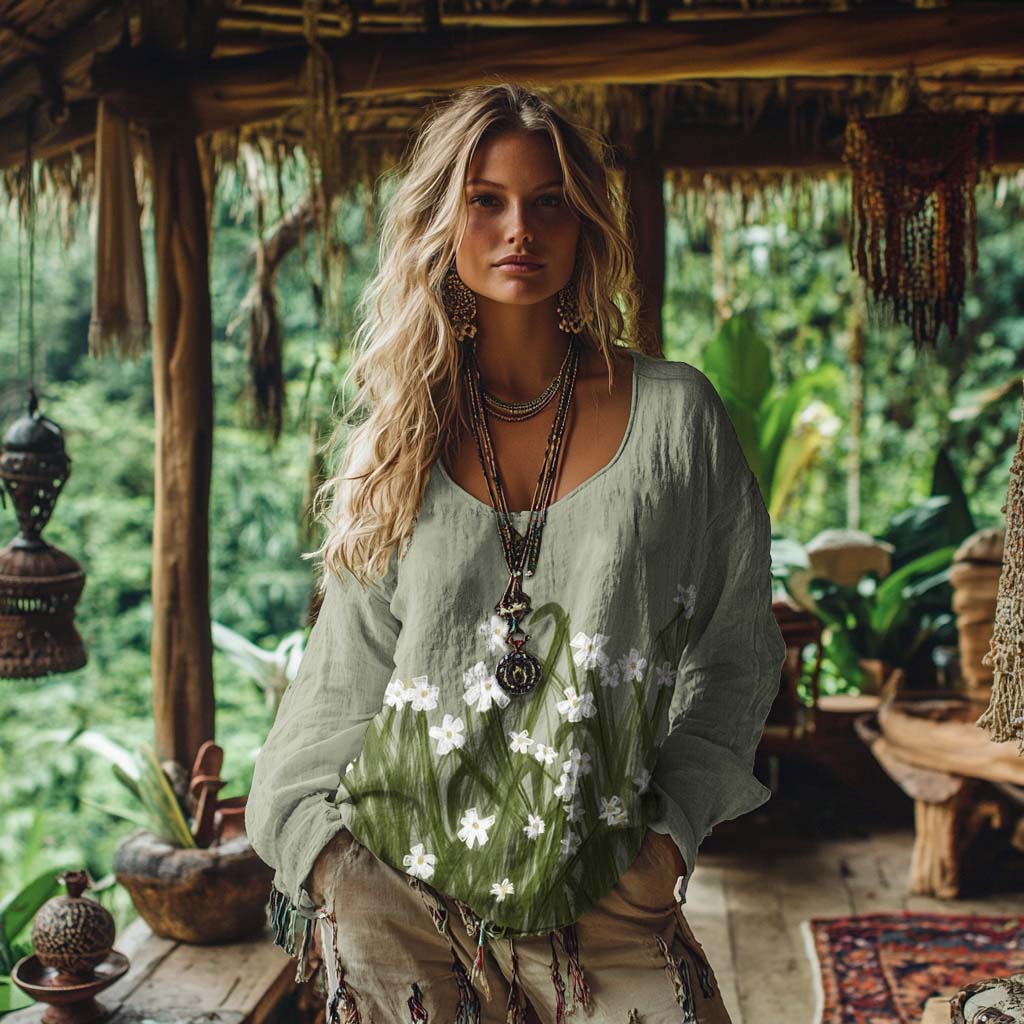 Comstylish Vintage Floral Art Cotton Linen Casual Shirt