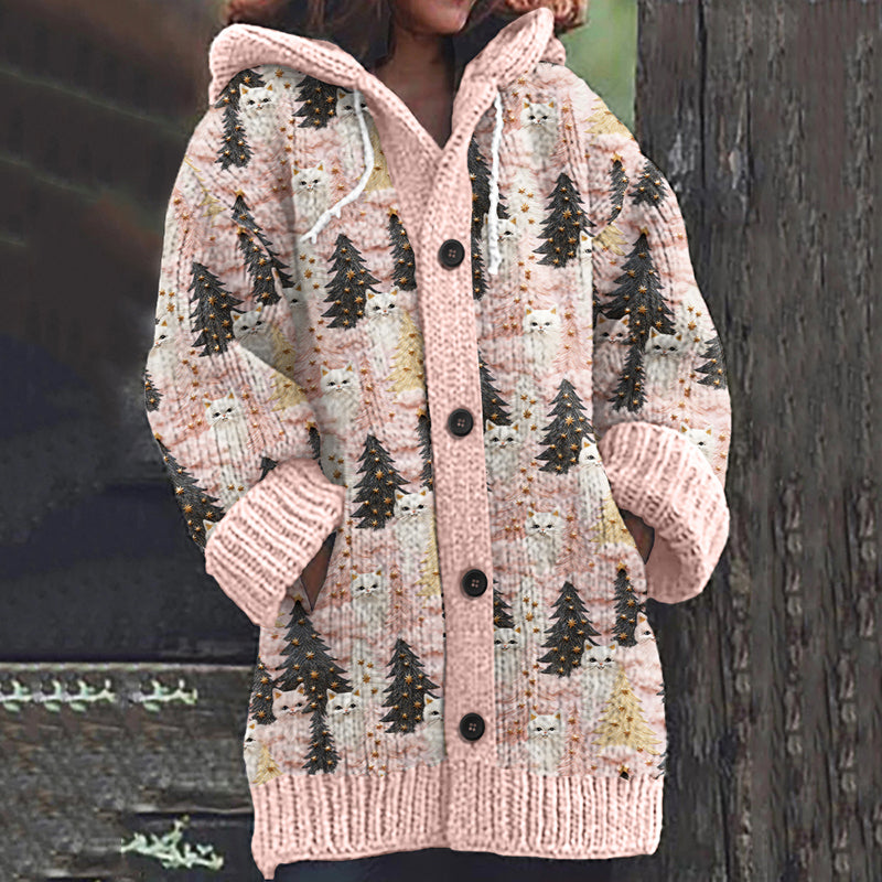 Christmas Tree Cat Print Long Sleeve Knitted Hooded Cardigan elevenforest