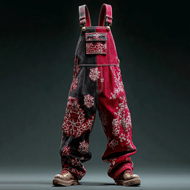 Comstylish Men's Christmas Themed Floral Embroidered Denim Jumpsuit