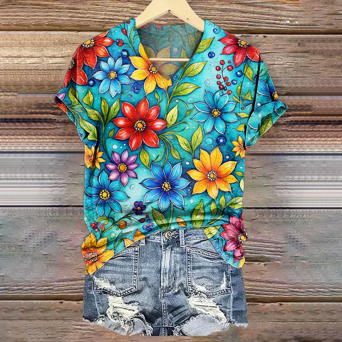 Women's Floral Art Print V-Neck Casual T-Shirt