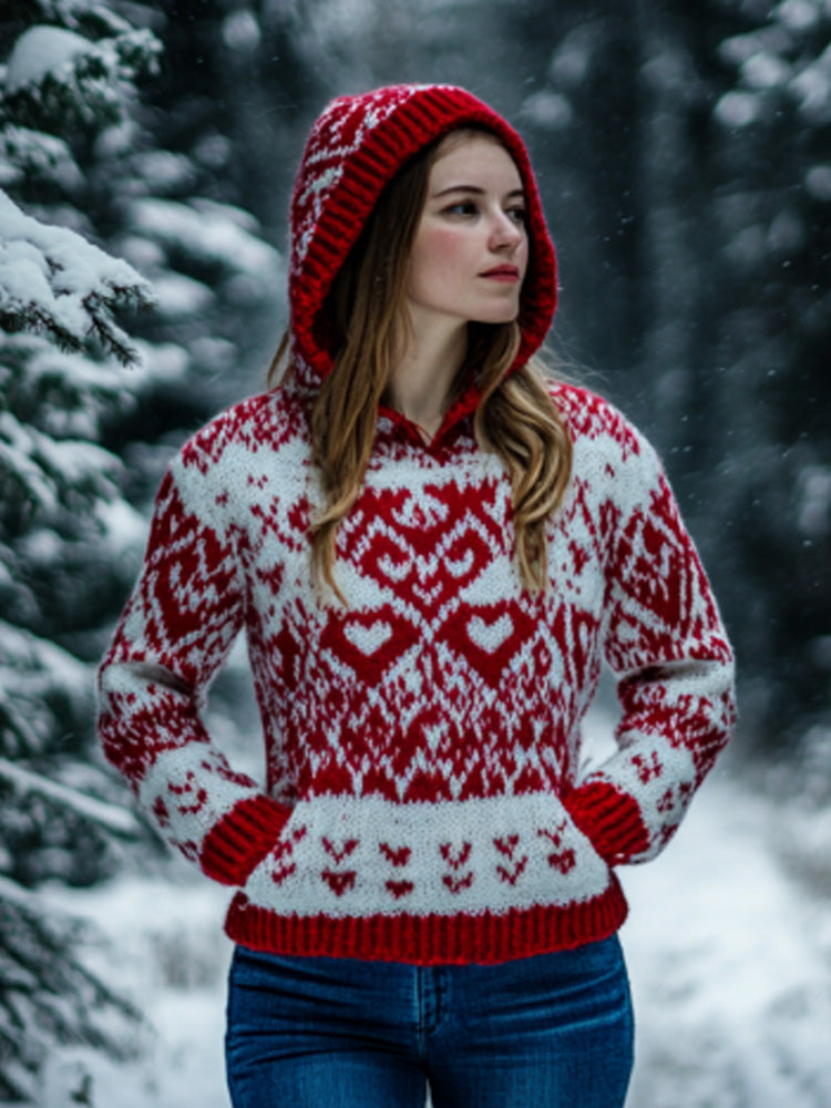 Women's Vintage Viking Valentine's Day Love Jacquard Hooded Sweater artswardrobe