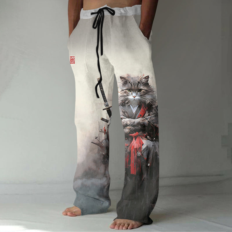Japanese Cat Kimono Samurai Ink Art Linen Blend Cozy Pants elevenforest