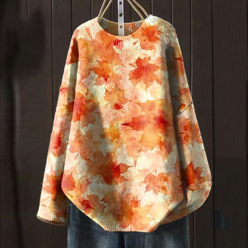 Autumn Maple Leaf Print Knitted Pullover Sweater artswardrobe