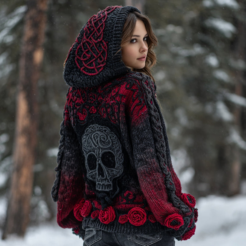 Women's Vintage Skull Floral Gradient Celtic Art Knit Hooded Sweater elevenforest