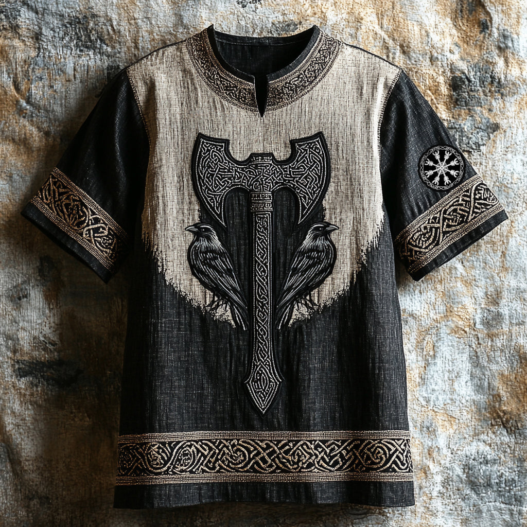 Men's Viking Runes Axe And Raven Celtic Knot Art Linen Shirt artswardrobe