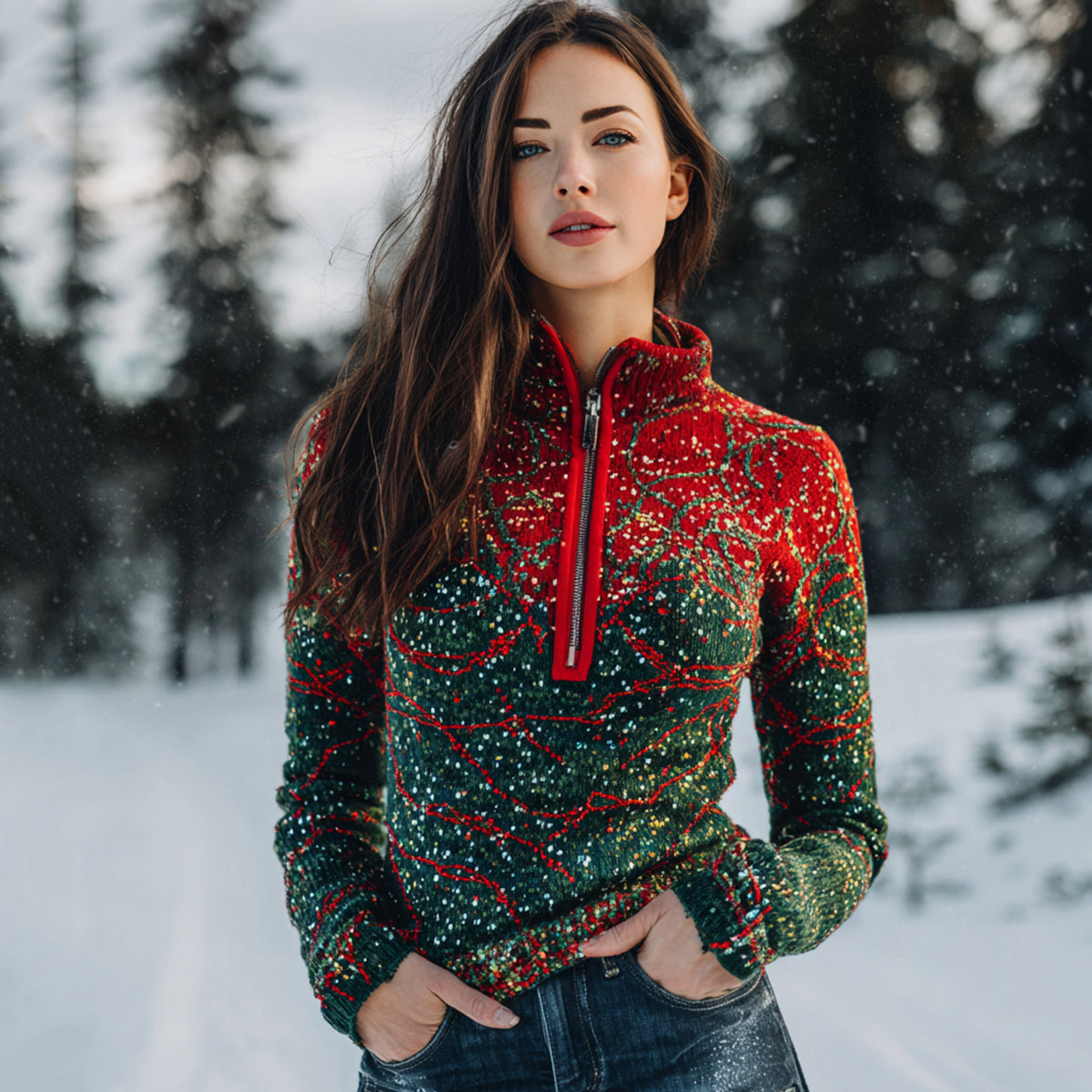 Comstylish Women's Christmas Tree With Glitter Pattern Art Cozy Knit Half Zipped Sweater