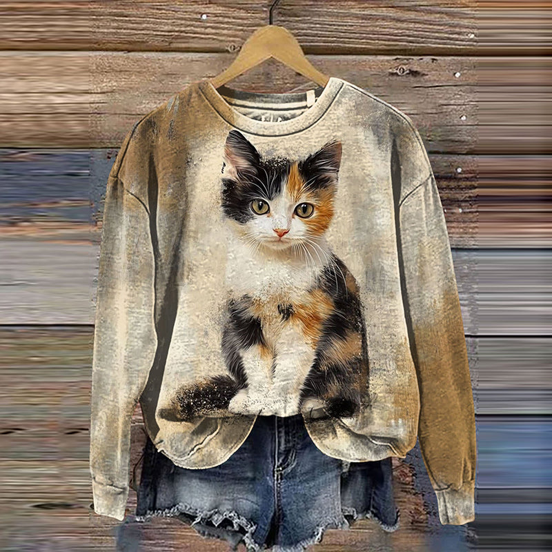 Women's Cute Cat Art Printed Casual Sweatshirt elevenforest